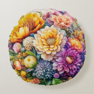 Pretty Colourful Watercolor Ai Art Flowers  Round Cushion