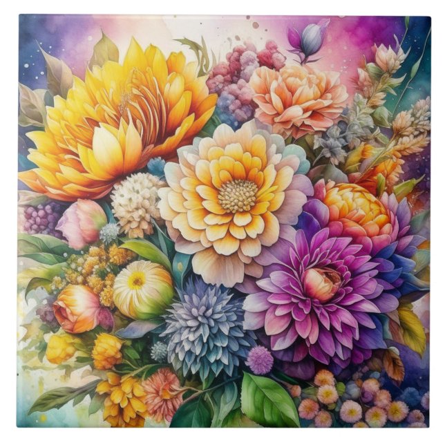 Pretty Colourful Watercolor Ai Art Flowers  Tile (Front)