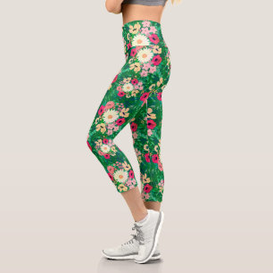 Pretty Colourful Watercolor Floral Green Design Capri Leggings