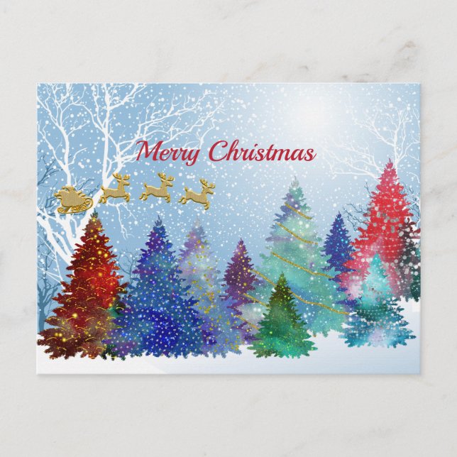 Pretty Colourful Watercolor Trees Santa Christmas Holiday Postcard (Front)