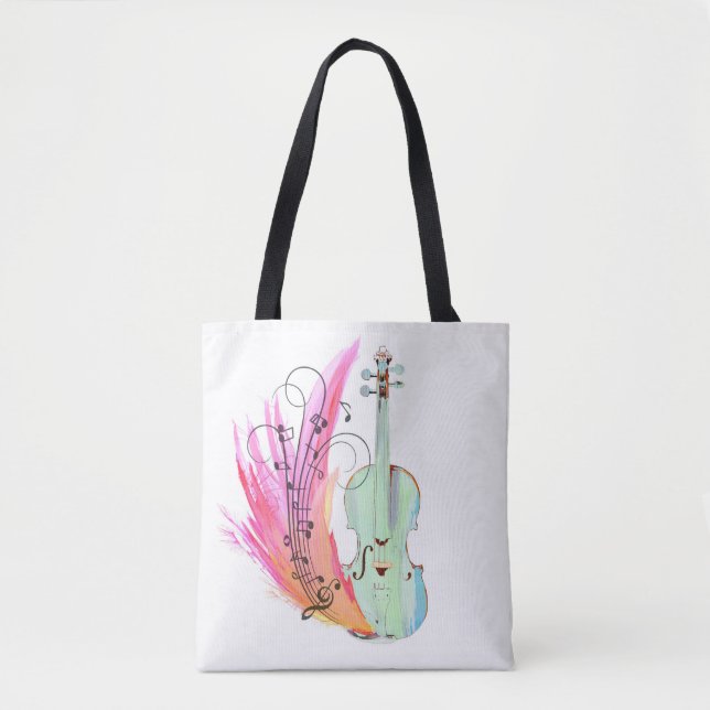 Pretty Colourful Watercolor Violin Tote Bag (Front)