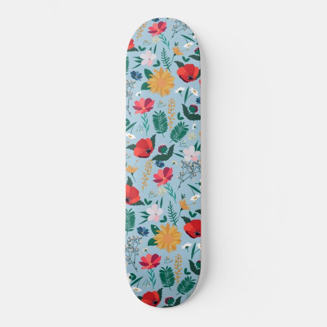 Pretty Colourful Wild Floral Light Blue Design Skateboard (Front)