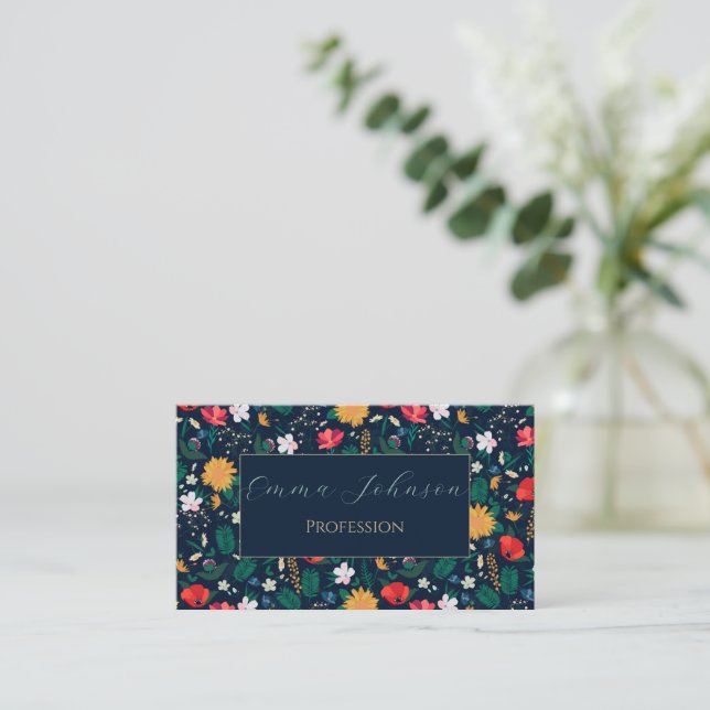 Pretty Colourful Wild Flowers Navy Blue Design Business Card (Standing Front)
