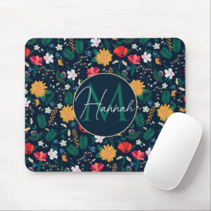 Pretty Colourful Wild Flowers Navy Blue Design Mouse Mat