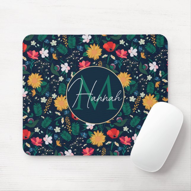 Pretty Colourful Wild Flowers Navy Blue Design Mouse Mat (With Mouse)