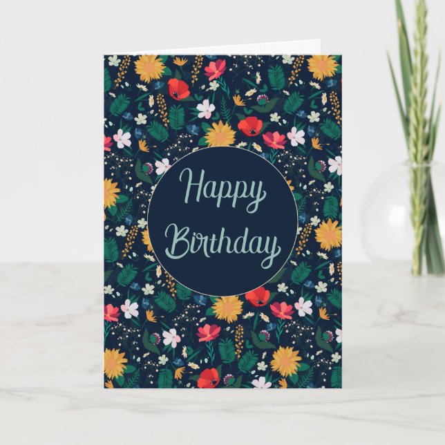 Pretty Colourful Wild Flowers Navy Blue Design Thank You Card (Front)