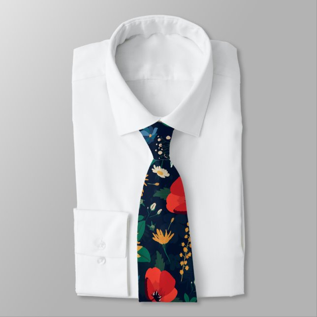 Pretty Colourful Wild Flowers Navy Blue Design Tie (Tied)