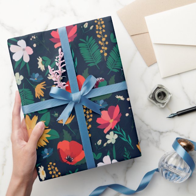 Pretty Colourful Wild Flowers Navy Blue Design Wrapping Paper (Gifting)