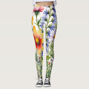 Pretty colourful wildflowers watercolor painting leggings