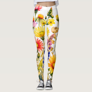pretty Colourful wildflowers watercolor painting Leggings