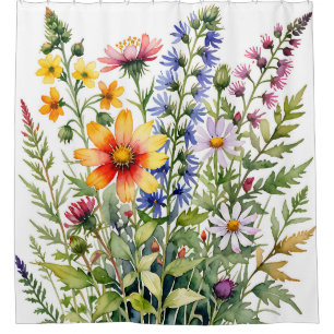 Pretty colourful wildflowers watercolor painting shower curtain