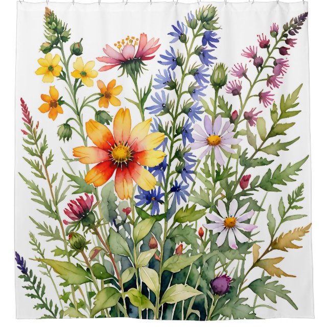 Pretty colourful wildflowers watercolor painting shower curtain (Front)