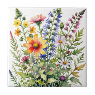 Pretty colourful wildflowers watercolor painting tile