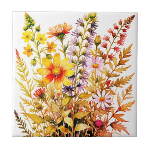 Pretty colourful wildflowers watercolor tile