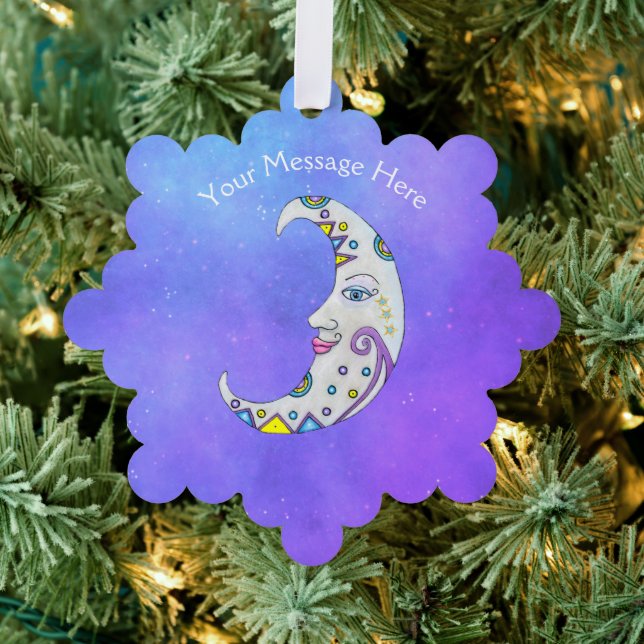 Pretty Colourfully Decorated Crescent Moon Face Sk Tree Decoration Card (Insitu (Tree))