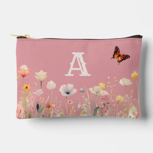 Pretty Colours Watercolor Wildflowers and Monogram Accessory Pouch (Front)