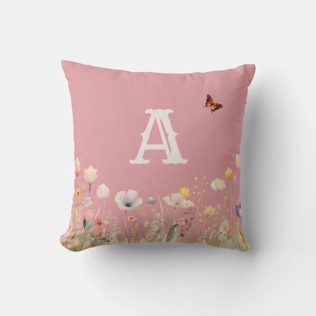 Pretty Colours Watercolor Wildflowers and Monogram Cushion (Front)