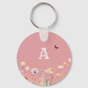 Pretty Colours Watercolor Wildflowers and Monogram Key Ring