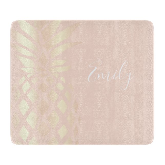 Pretty copper rose gold pineapple & blush pink cutting board (Front)