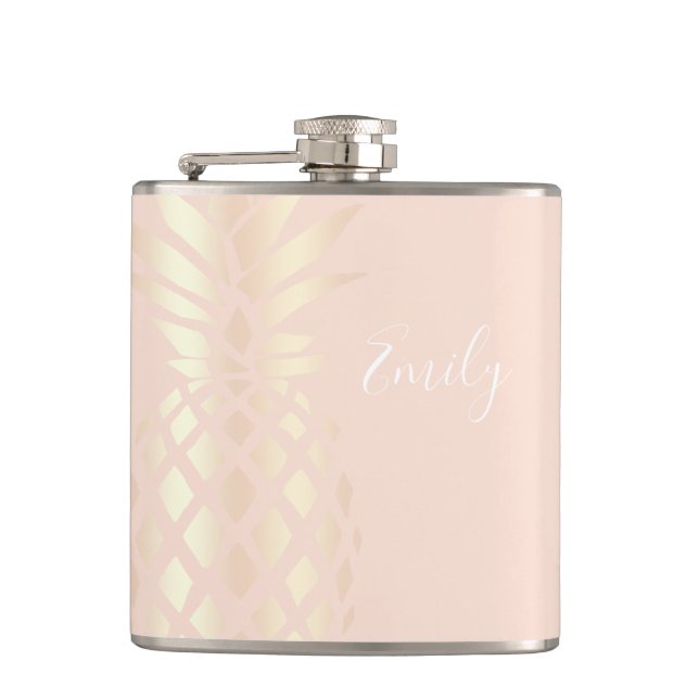 Pretty copper rose gold pineapple & blush pink hip flask (Front)