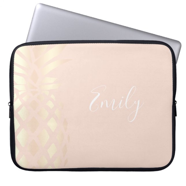 Pretty copper rose gold pineapple & blush pink laptop sleeve (Front)