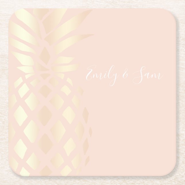 Pretty copper rose gold pineapple & blush pink square paper coaster (Front)