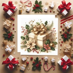 Pretty Coquette Holly and Golden Bow Holiday Card