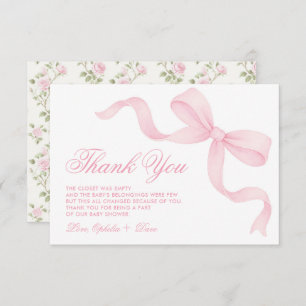 Pretty Coquette Pink Bow Girl Baby Shower Thank You Card
