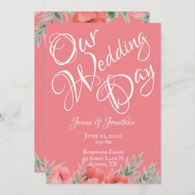 Pretty Coral Floral Pink Wedding Invitation (Front/Back)