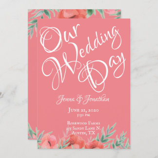 Pretty Coral Floral Pink Wedding Invitation