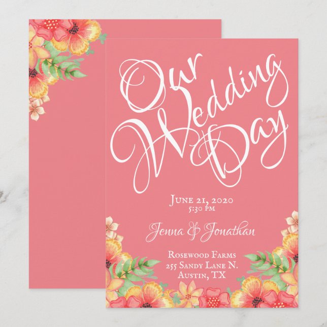 Pretty Coral Peach Floral Script Wedding Invitation (Front/Back)