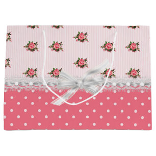 Pretty Coral Pink Roses and Polka Dots Gift Bag