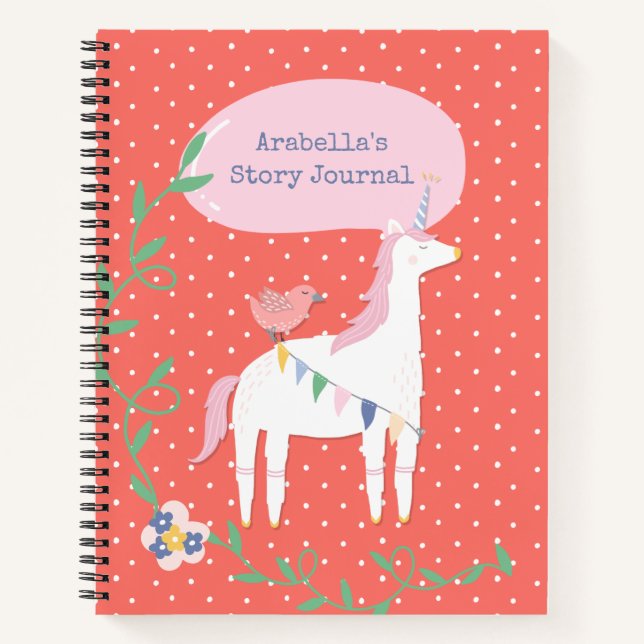 Pretty Coral Unicorn Girl's Write & Draw Story Notebook (Front)