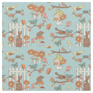 Pretty Cottagecore Birds and Animals Light Blue Fabric