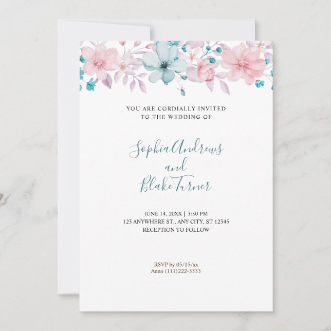 Pretty Country Pink and Blue Floral White Wedding Invitation (Front)