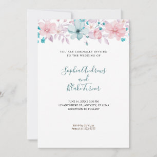 Pretty Country Pink and Blue Floral White Wedding Invitation
