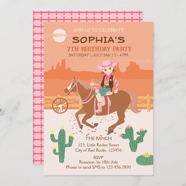 Pretty Cowgirl and horse Birthday Party Invitation (Front/Back)