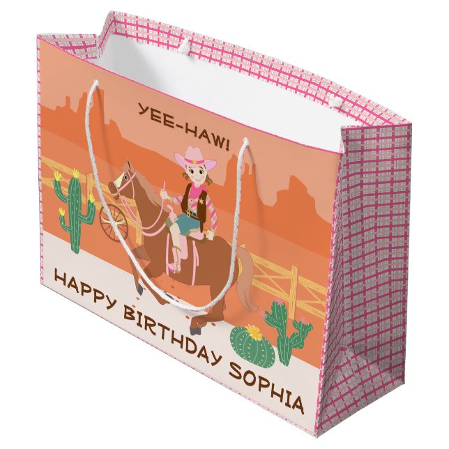 Pretty Cowgirl and horse Birthday Party Large Gift Bag (Back Angled)