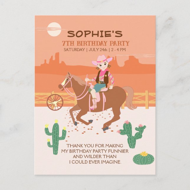 Pretty Cowgirl and horse Birthday Party Postcard (Front)