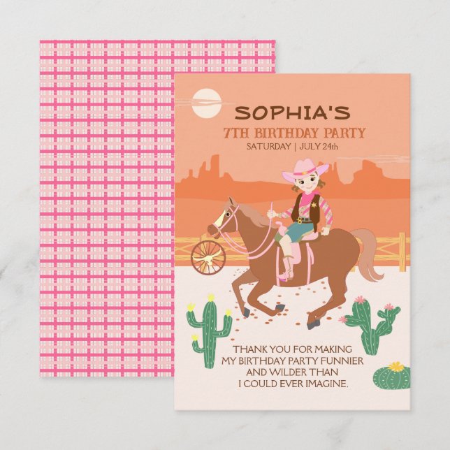 Pretty Cowgirl and horse Birthday Party Thank You Card (Front/Back)
