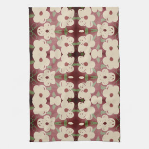 Pretty Cream and Cranberry Print Tea Towel