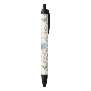 Pretty Cream Blue Flowers Black Ink Pen