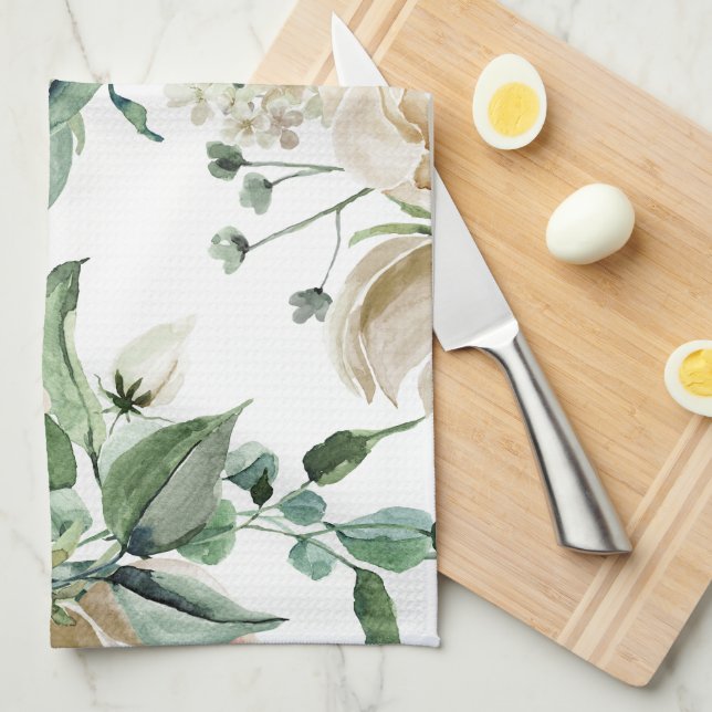 Pretty Cream Floral Botanical Tea Towel (Quarter Fold)