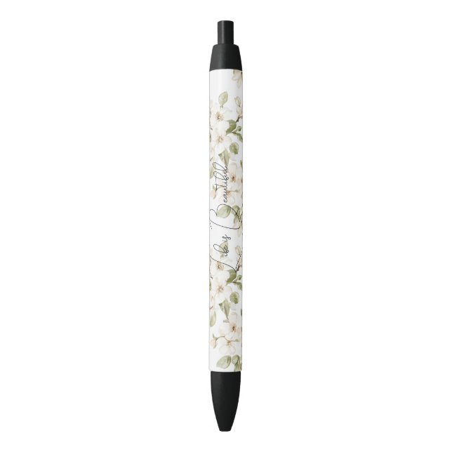Pretty Cream Flowering Tree  Black Ink Pen (Front Vertical)