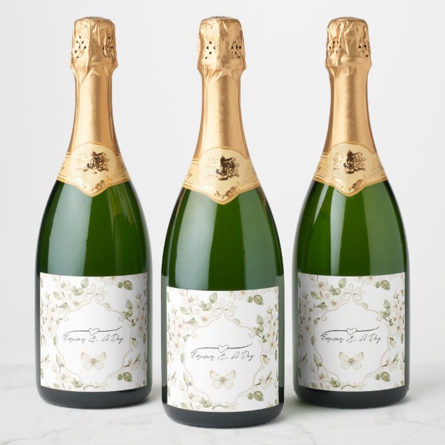 Pretty Cream Flowering Tree Butterfly Wedding Sparkling Wine Label (Bottles)