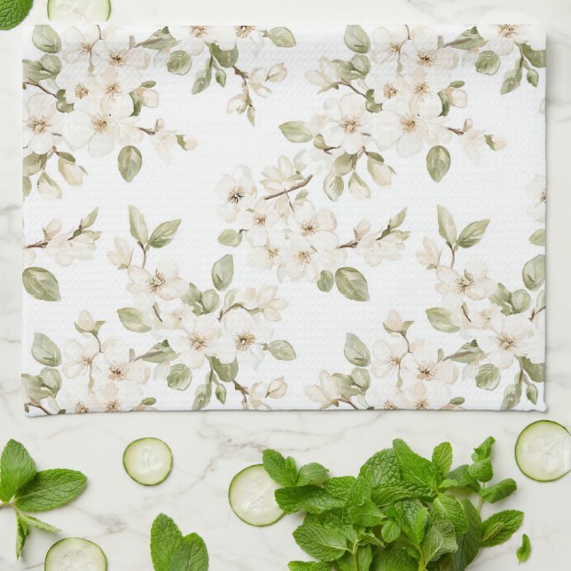 Pretty Cream Flowering Tree  Tea Towel (Folded)