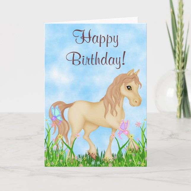 Pretty Cream Horse and Butterflies Happy Birthday Card (Front)
