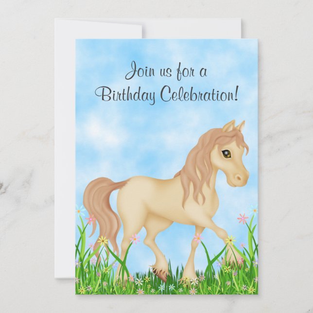 Pretty Cream Horse and Flowers Birthday Invitation (Front)