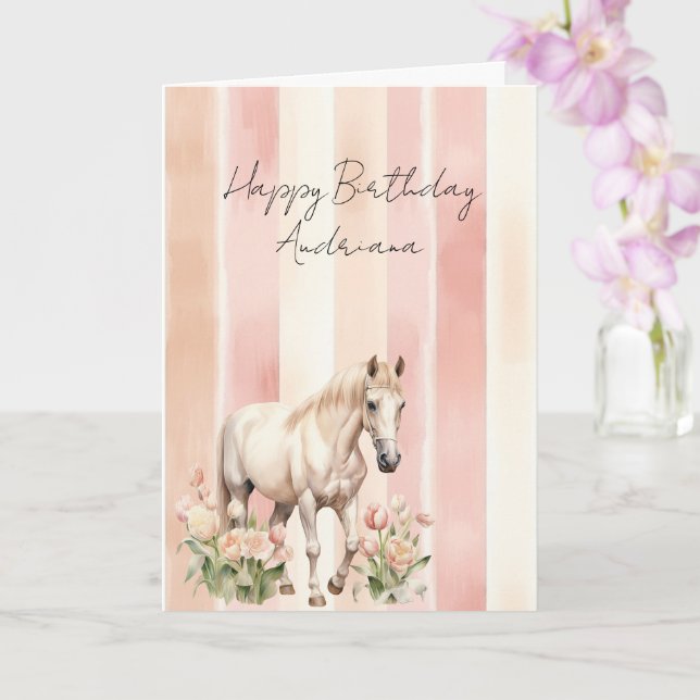 Pretty Cream Peach Pink Horse Floral Birthday Card (Orchid)