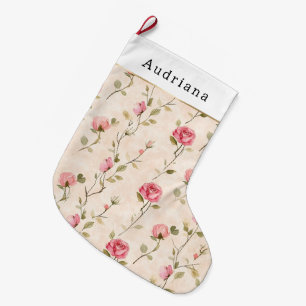 Pretty Cream Pink Rose Floral Christmas Large Christmas Stocking
